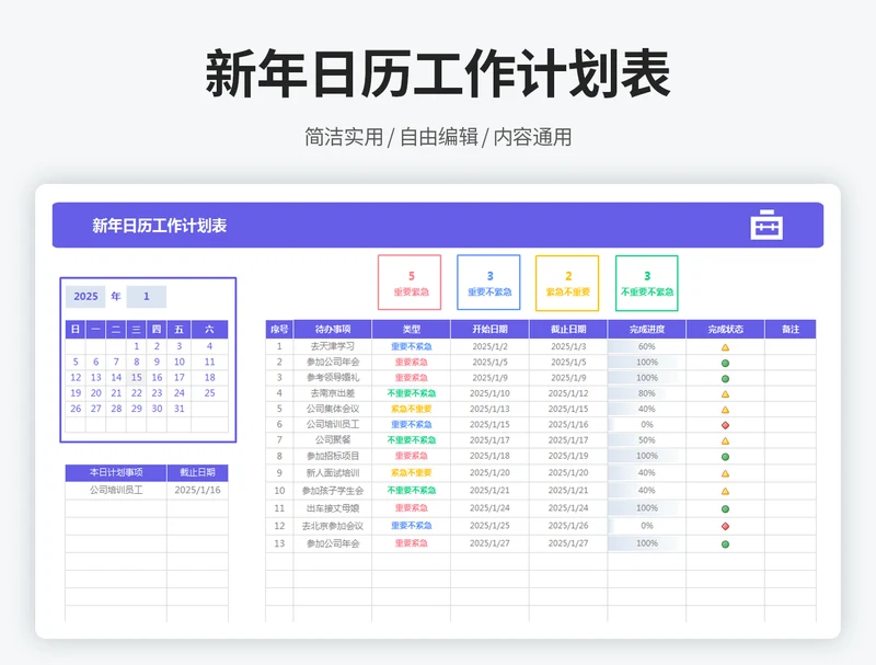 日历工作计划表（四象限汇总统计）
