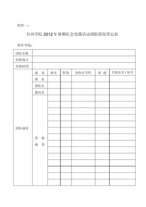 暑期社会实践活动团队情况登记表