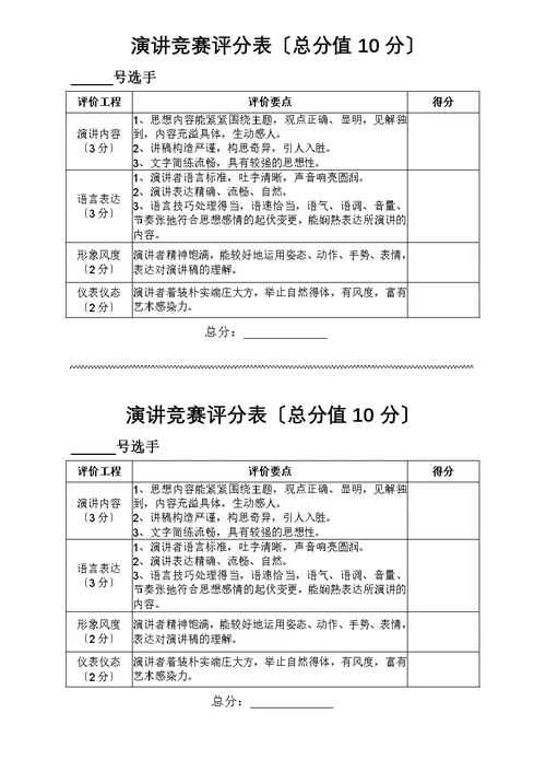 演讲比赛评分表