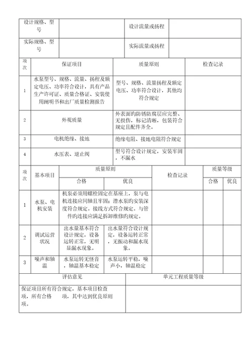 水泵安装单元关键工程质量评定表半固定式