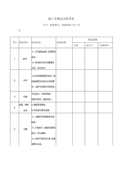 施工车辆安全检查表