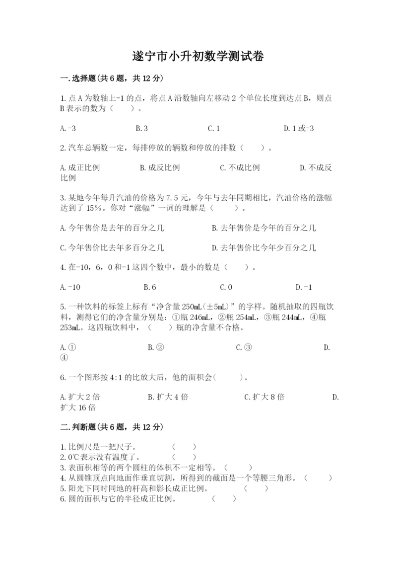 遂宁市小升初数学测试卷新版.docx