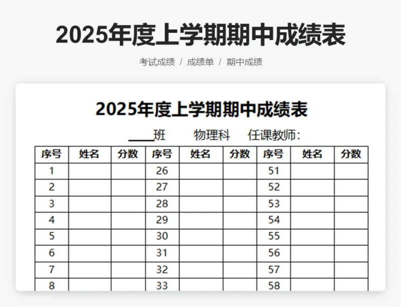 2025年度上学期期中成绩表