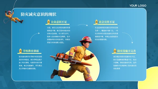 蓝色卡通插画风防灾减灾意识主题班会PPT模板