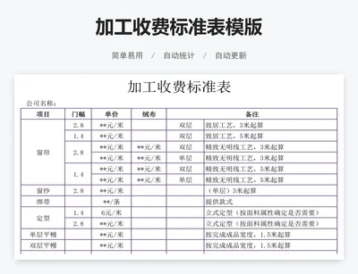 加工收费标准表模版