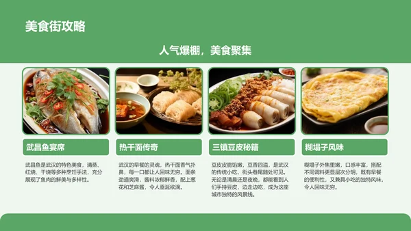 绿色摄影风武汉美食与文化体验旅行计划PPT模板