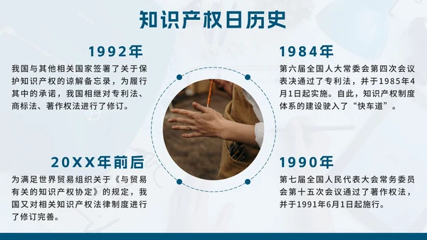蓝色简约几何实景知识产权日主题教育带内容PPT模板