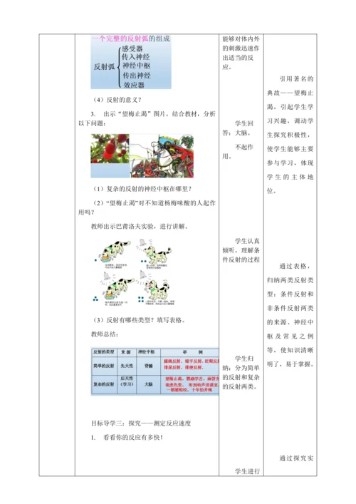 人教版七年级生物下册第四单元6.3神经调节的基本方式教案（表格式）