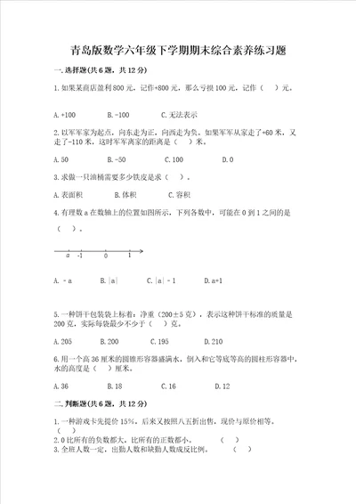 青岛版数学六年级下学期期末综合素养练习题及答案