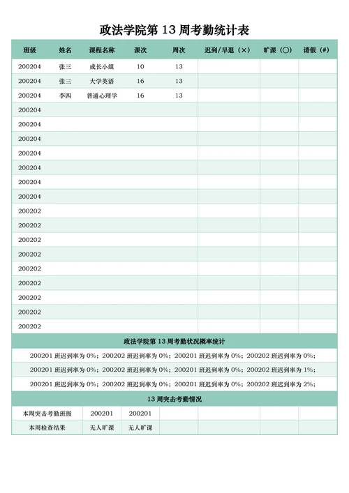 清新绿色大学周次考勤记录表
