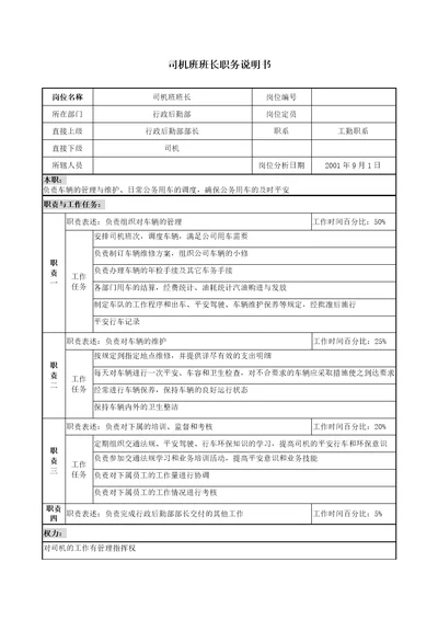 司机班班长职务说明书