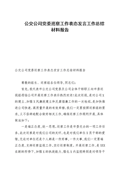 公交公司党委巡察工作表态发言工作总结材料报告