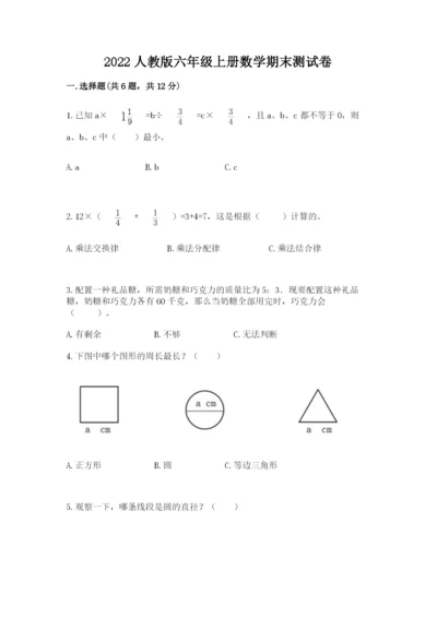 2022人教版六年级上册数学期末测试卷精选答案.docx