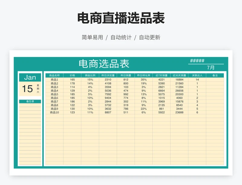 电商直播选品表