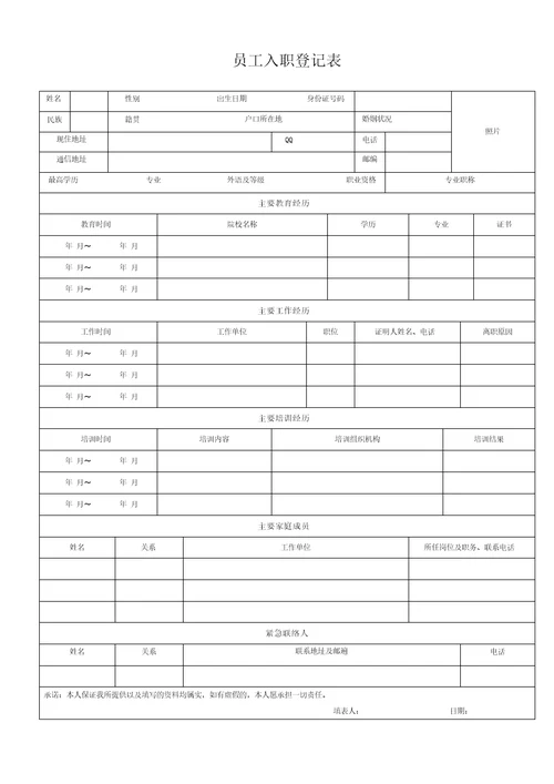 员工入职登记表经典范本1