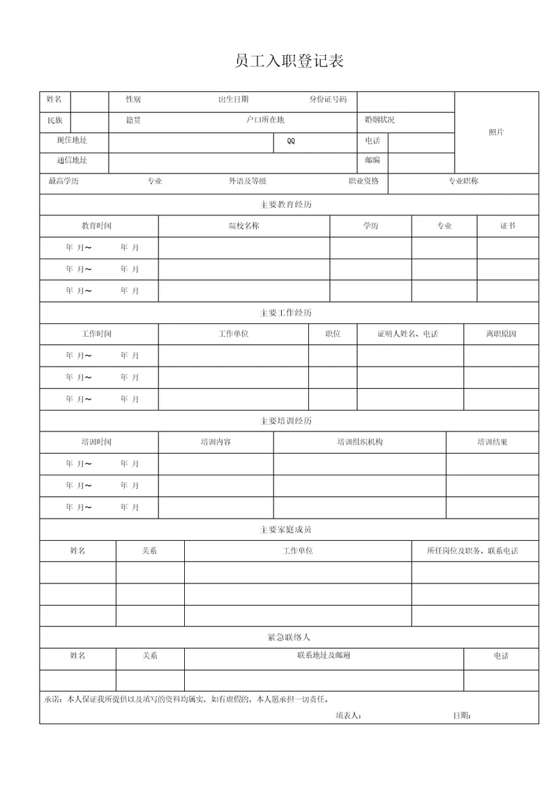 员工入职登记表经典范本1