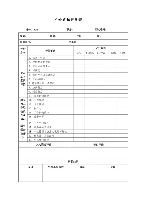 招聘面试评价表