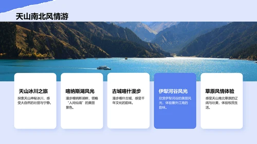 蓝色摄影风新疆深度游路线推荐：风景与美食之旅PPT模板