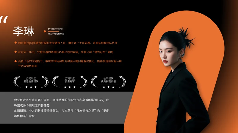 黑橙色商务风自我介绍人物介绍图文页