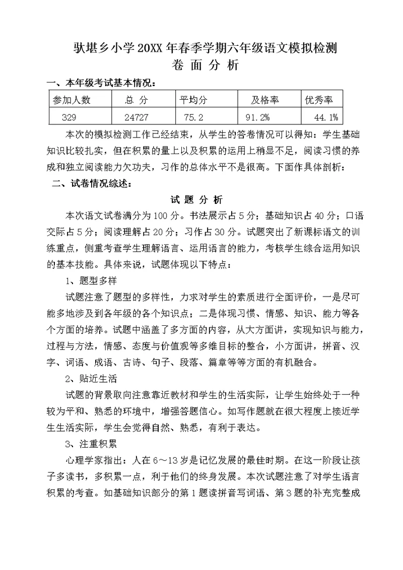 小学六年级语文模拟素质检测卷面分析