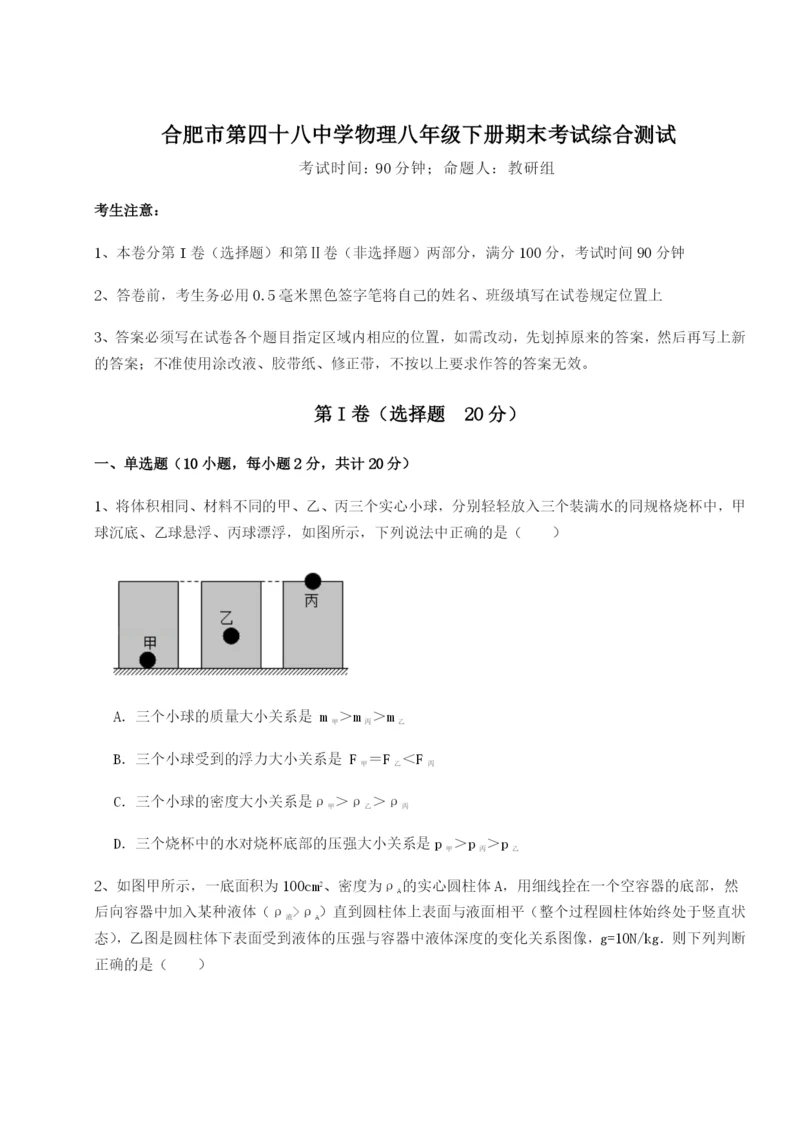 基础强化合肥市第四十八中学物理八年级下册期末考试综合测试练习题（含答案详解）.docx