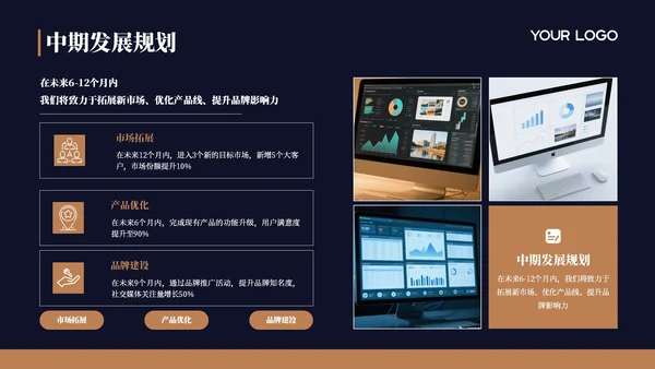 深蓝色商务风年中汇报通用PPT模板