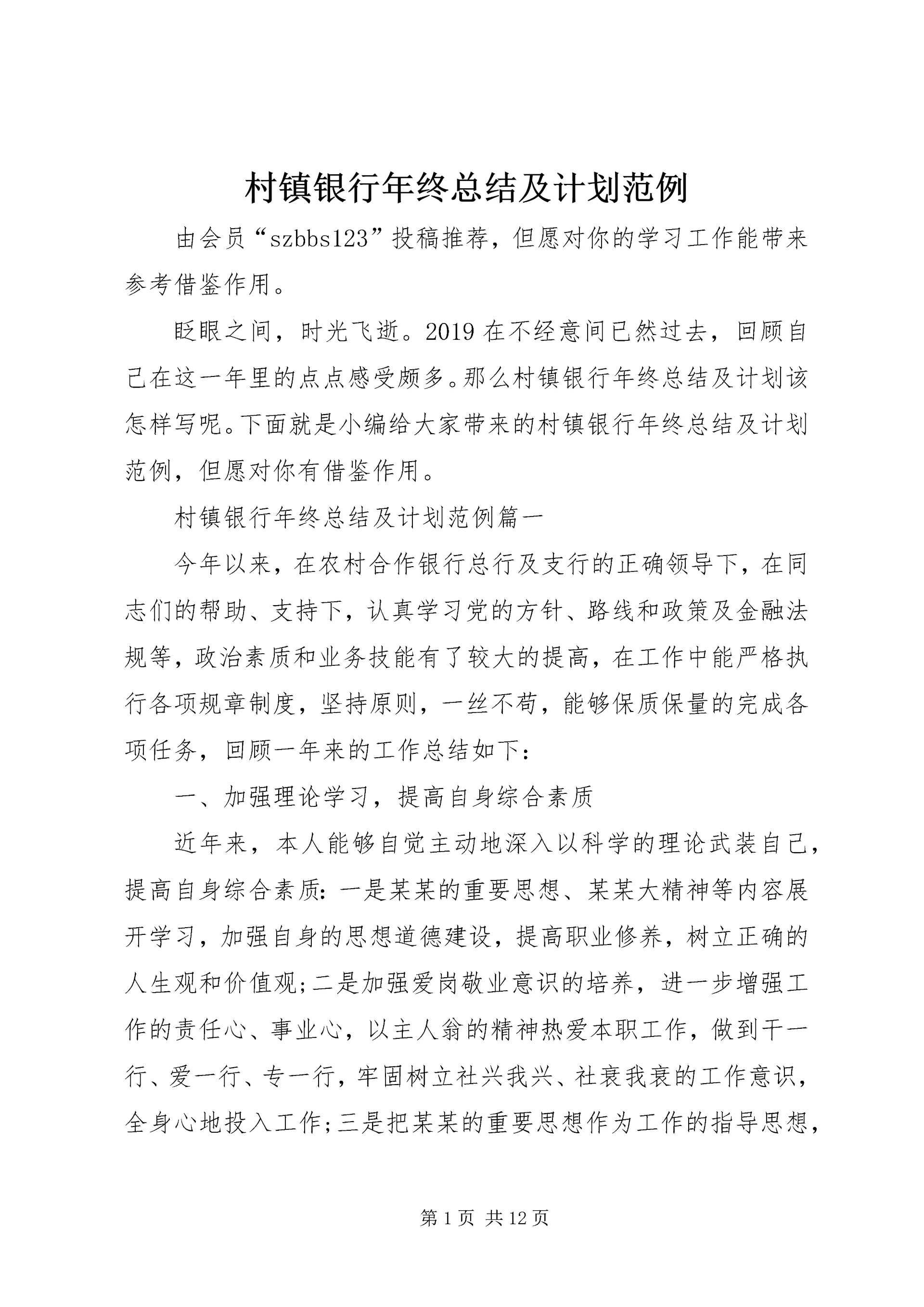 村镇银行年终总结及计划范例.docx