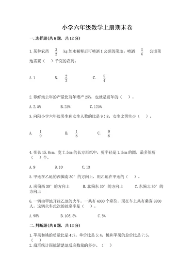 小学六年级数学上册期末卷一套