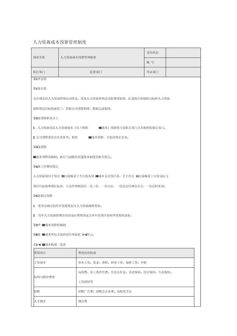 人力资源成本预算管理制度