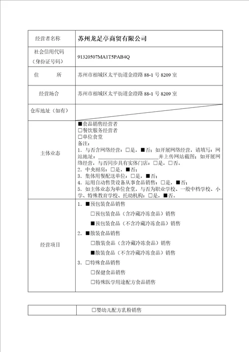 食品经营许可证申请书