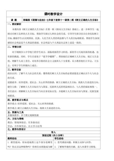【新课标】11.2树立正确的人生目标 教学设计