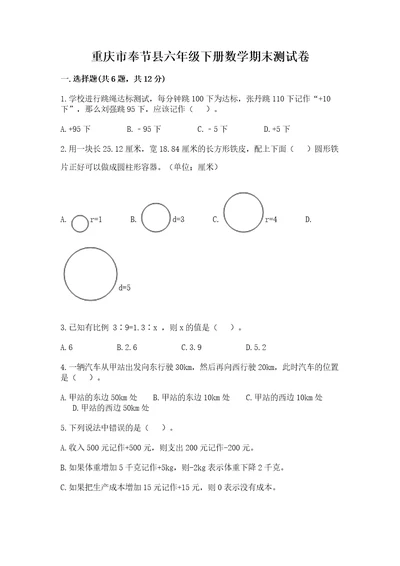 重庆市奉节县六年级下册数学期末测试卷a4版