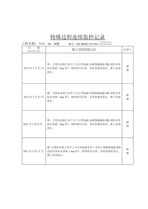 防水特殊过程连续监控记录