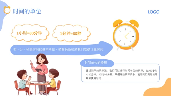 蓝色卡通风格钟表与24小时的认知PPT