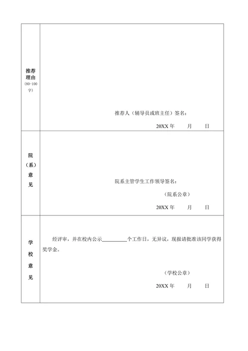 大学奖学金申请审批表