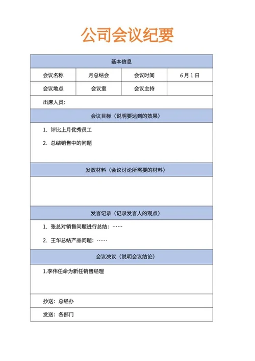公司会议纪要决议记录word模板