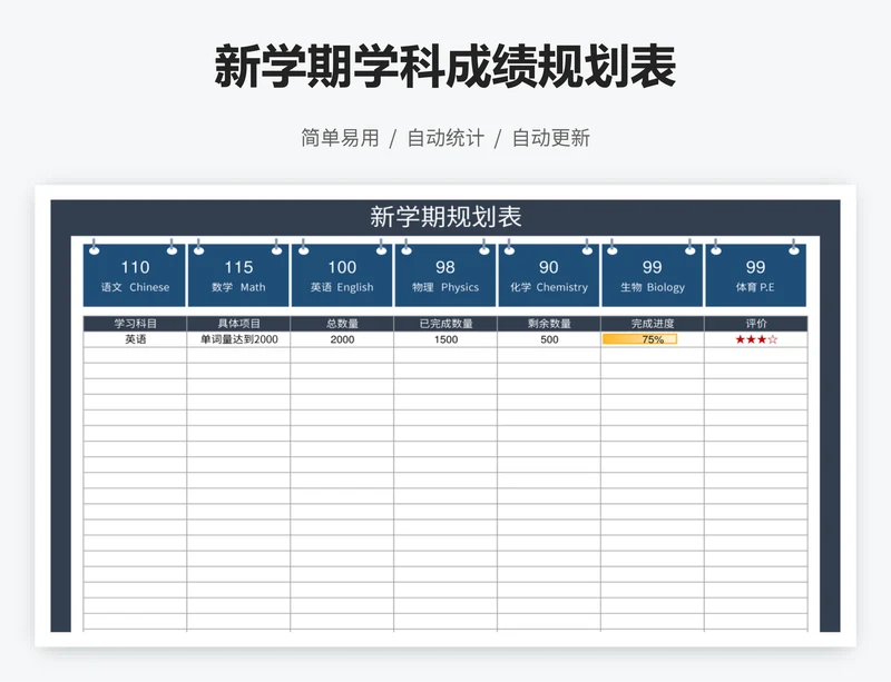 新学期学科成绩规划表