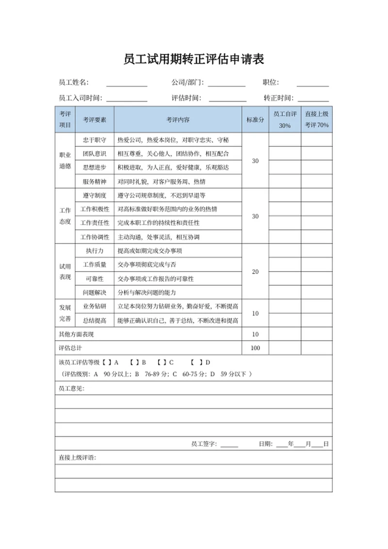 员工试用期转正评估申请表