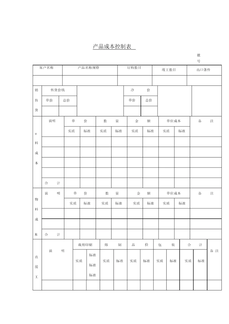 产品成本控制表