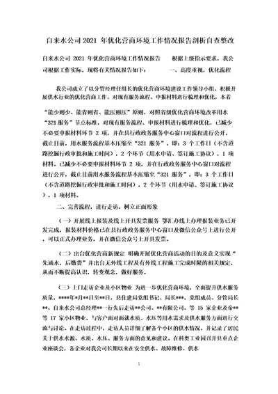 自来水公司2021年优化营商环境工作情况报告剖析自查整改