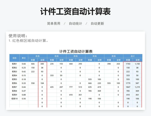 计件工资自动计算表
