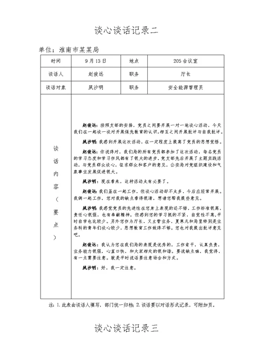 谈心谈话登记表范文模板