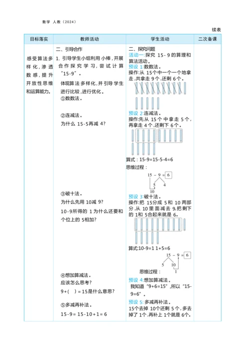 第二单元20以内的退位减法（大单元教学设计）-2024-2025学年一年级下册数学人教版（2024）