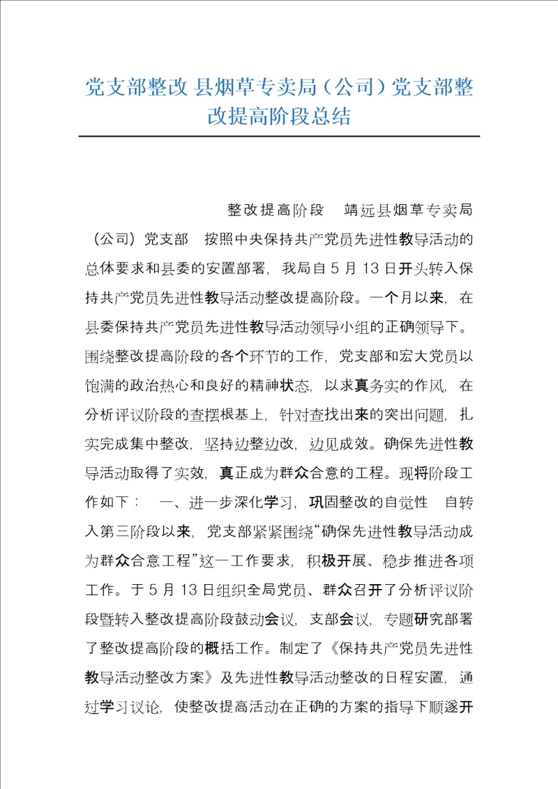 党支部整改县烟草专卖局公司党支部整改提高阶段总结