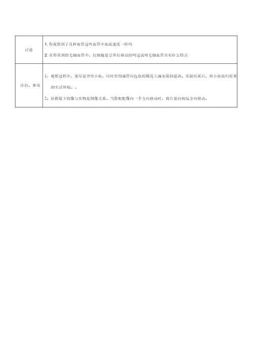 实验：观察小鱼尾鳍内血液的流动实验报告单