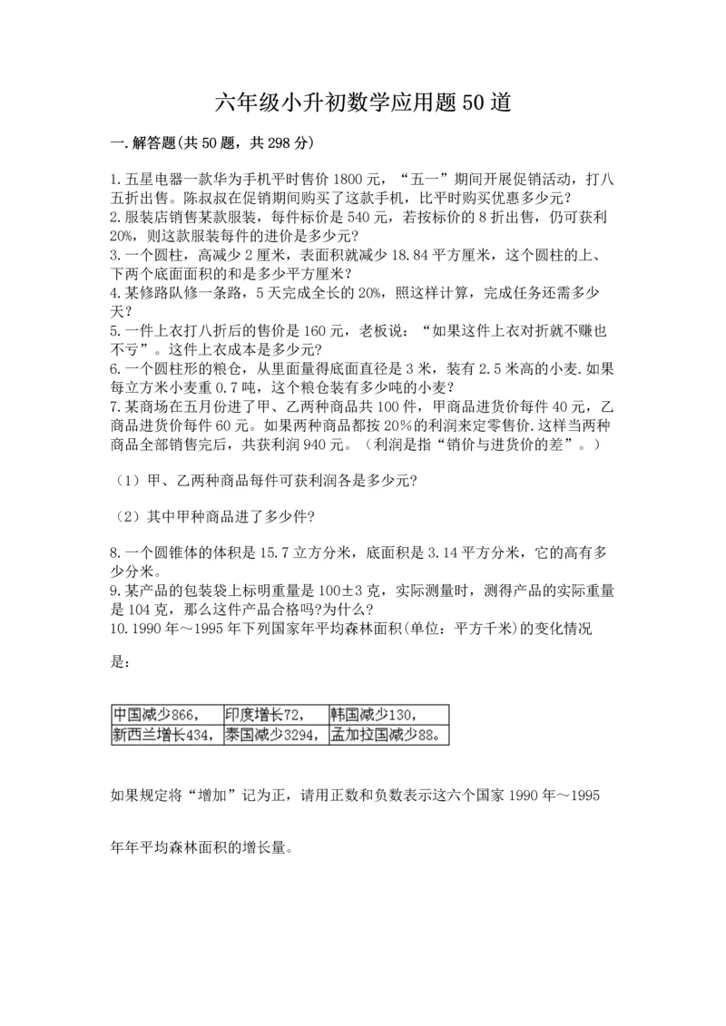 六年级小升初数学应用题50道附参考答案【黄金题型】.docx