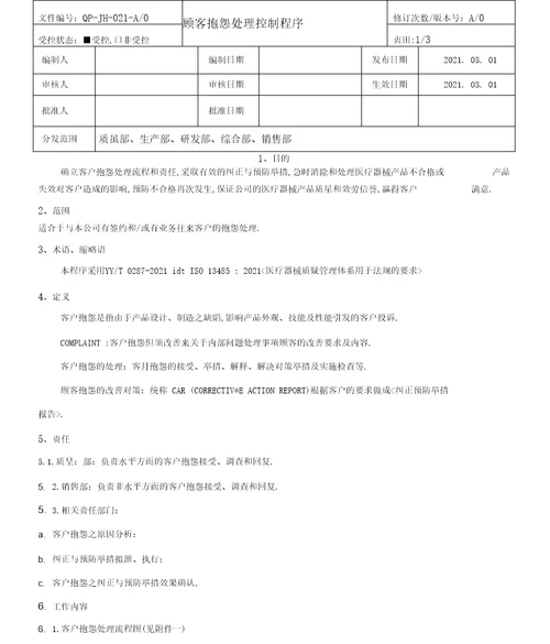 顾客抱怨处理控制程序