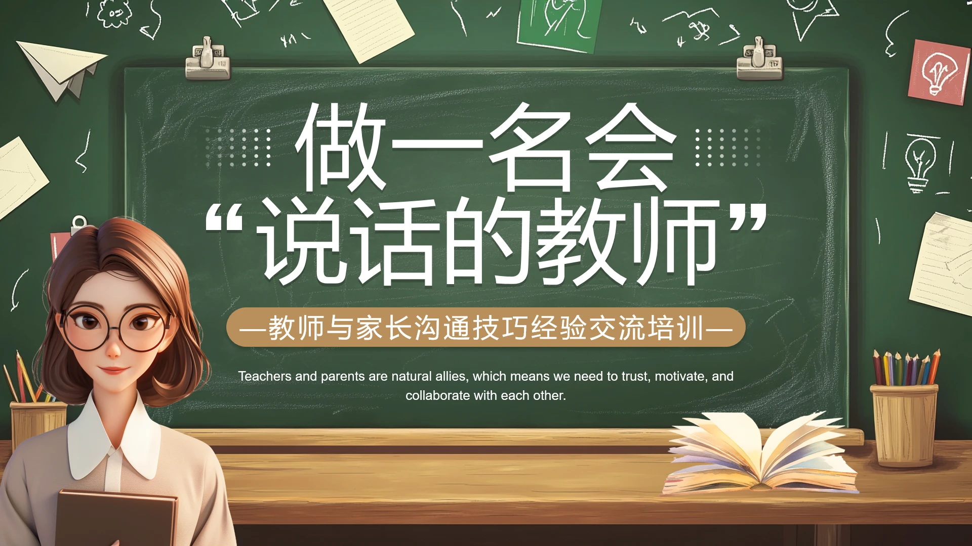 绿色黑板风教师与家长沟通技巧经验交流培训PPT