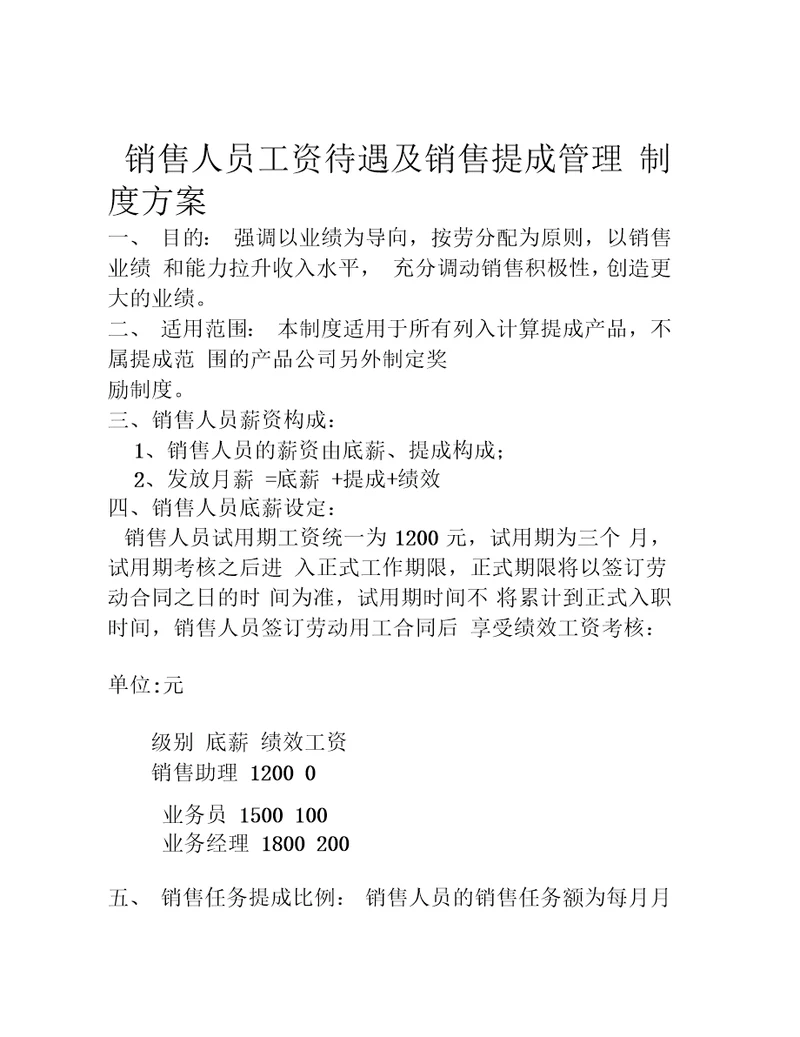 业务员工资待遇及销售提成管理制度方案