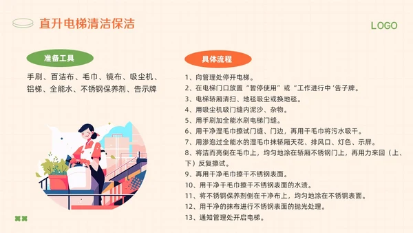 橙绿简约保洁人员培训教材PPT模板宣传PPT动态PPT保洁培训